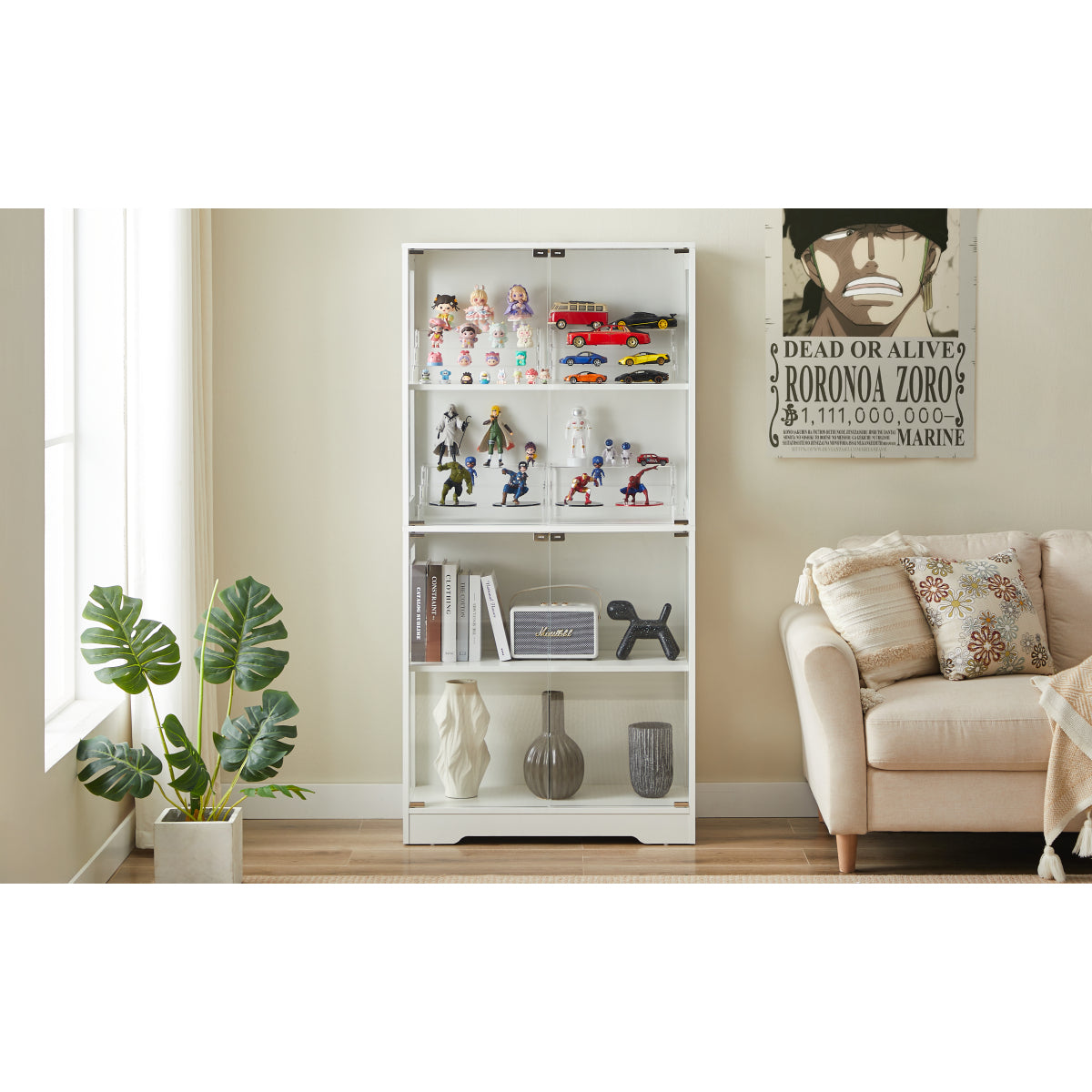 Glasvitrine Weiß 165 cm hoch, Vitrinenschrank mit LED (3 Farben) & Bewegungssensor, 4 verstellbare Böden