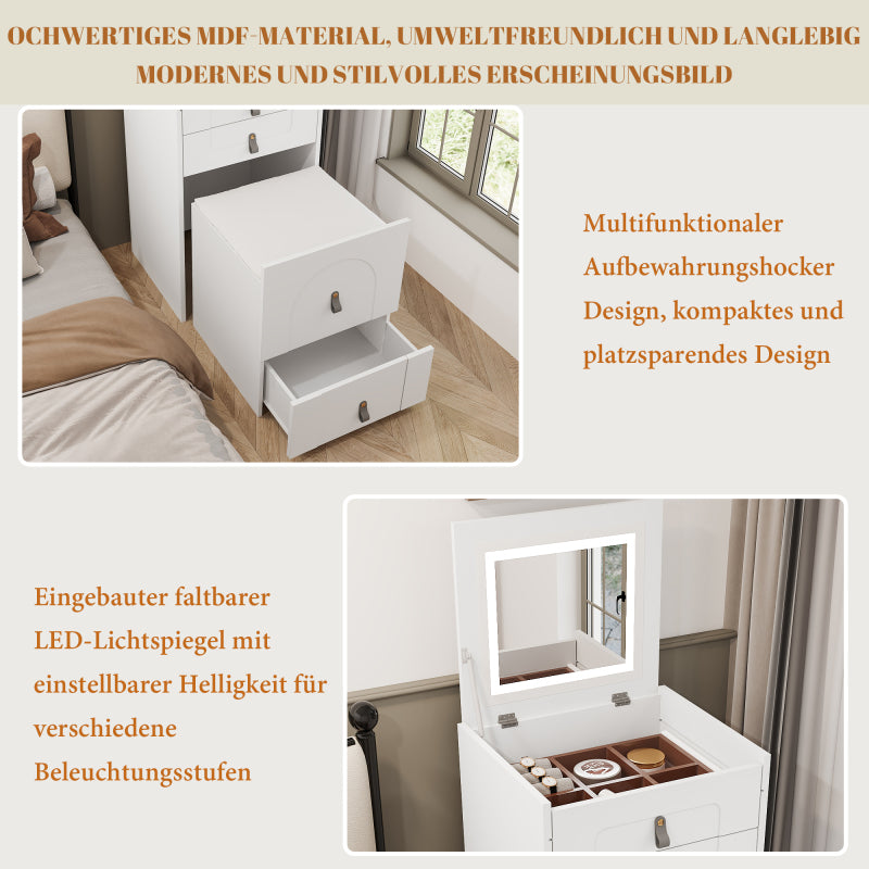 Schminktisch(Enthält Make-up-Hocker), Multifunktionaler Aufbewahrungshocker Nachttisch, mit Spiegel und LED-Beleuchtung, mit 3 Schubladen,Weiß
