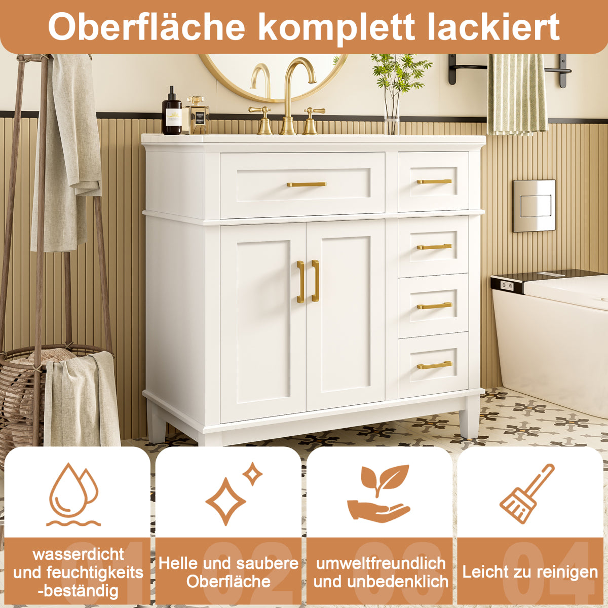 Badezimmer-Unterschrank 90×46×87 cm, weiß lackiert, Keramikwaschbecken, leise Schubladendämpfung, Massivholzbeine, viel Stauraum, goldene Griffe