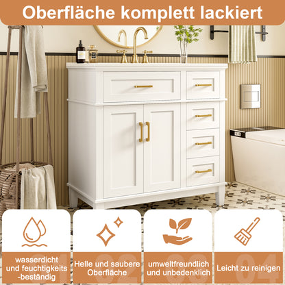 Badezimmer-Unterschrank 90×46×87 cm, weiß lackiert, Keramikwaschbecken, leise Schubladendämpfung, Massivholzbeine, viel Stauraum, goldene Griffe