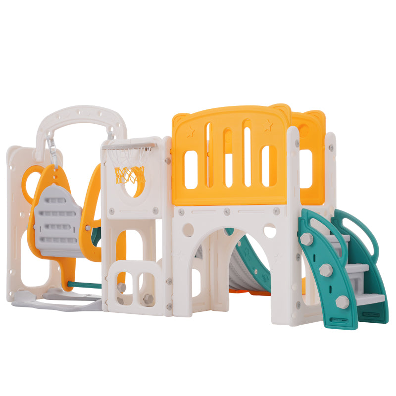 7-in-1-Rutsche für Kinder, bestehend aus Rutsche, Schaukel, Plattform, Unterschrank, Lochbohrspiel, Basketballkorb und Treppe - hochdichtes Polyethylen (Ozeanball nicht enthalten)