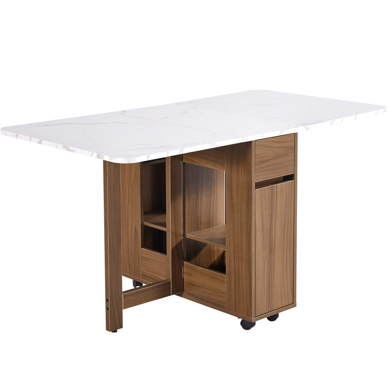 Ausziehbarer Bartisch mit Stauraum(110-124×78×97.5cm), für 2-6 Personen, Kücheninseln mit 2 Schubladen, 2 seitliche offene Regale und eingebaute Steckdose,Tischplatte aus weiß marmoriertem MDF,Braun