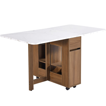 Ausziehbarer Bartisch mit Stauraum(110-124×78×97.5cm), für 2-6 Personen, Kücheninseln mit 2 Schubladen, 2 seitliche offene Regale und eingebaute Steckdose,Tischplatte aus weiß marmoriertem MDF,Braun