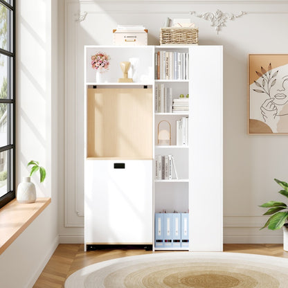 Klappbarer Schreibtisch mit Ablagen –2-in-1-Bücherregal und Schreibtisch, klappbar, mit Steckdose und USB-Anschluss, Kippschutz, weiß