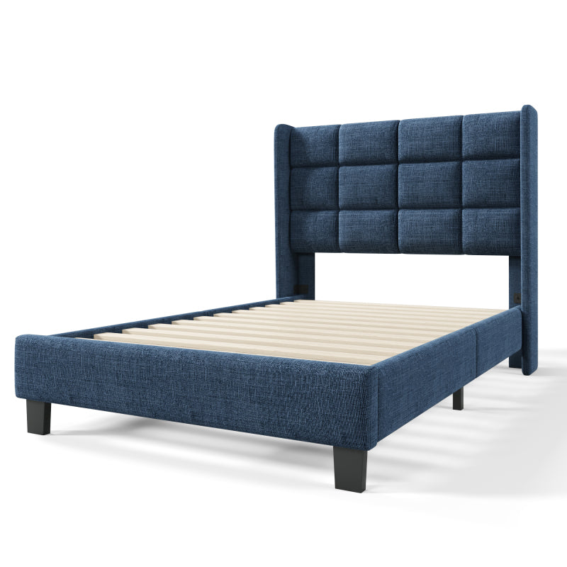 Modernes Design Polsterbett Mit seinem gepolstertes Kopfteil Einzelbett mit Lattenrost, 90x200cm ,in Blau Leinen, mittelfest (Ohne Matratze)