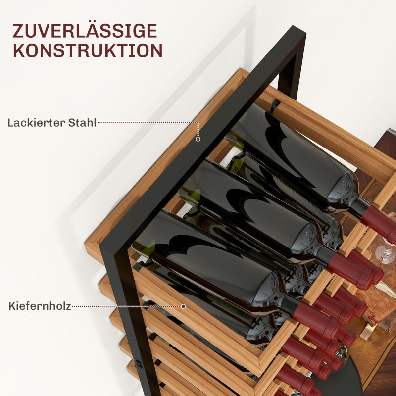 Weinregal wandmontierbar mit 5 Ebenen, Weinständer für 15 Flaschen und 4 Gläser, Kiefernholz, Stahl, für Küche Esszimmer Bar, Braun