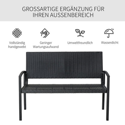 Polyrattan Gartenbank 2-Sitzer Parkbank mit Stahlgestell und Geflecht Schwarz B122 x T60 x H87cm für Garten & Terrasse