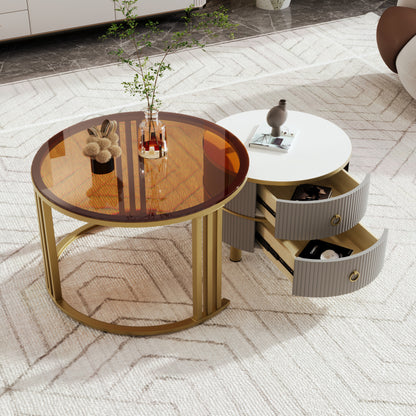 2-in-1 runder MDF-Couchtisch, Beistelltisch mit 1 Hochglanz-Tischplatte und 1 brauner Tischplatte aus gehärtetem Glas, Wohnzimmer-Couchtischkombination mit 2 Schubladen, 70*70*45 + 50*50*40 cm