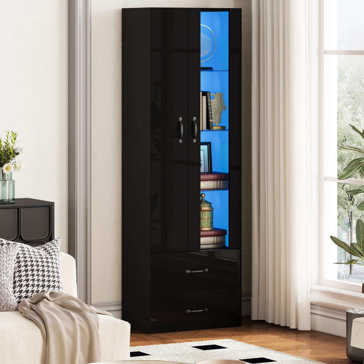 Schwarze LED-Vitrine mit 2 Glastüren - Standvitrine inkl. Beleuchtung, Freistehender Schrank für Wohnzimmer, Buffetschrank & Sammlervitrine, Schwarz