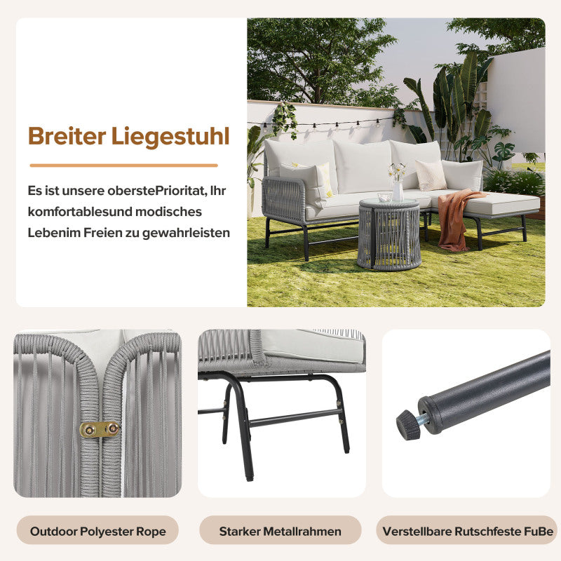 Gartenlounge-Set, Gartenmöbel-Set, Mit Eisenrahmen und grauem Seil, Gartenmöbel aus gewebtem Seil für den Außenbereich, Grau, Zwei Sessel, zwei 2-Sitzer-Sofas und zwei Tische (alle Kissen inklusive)