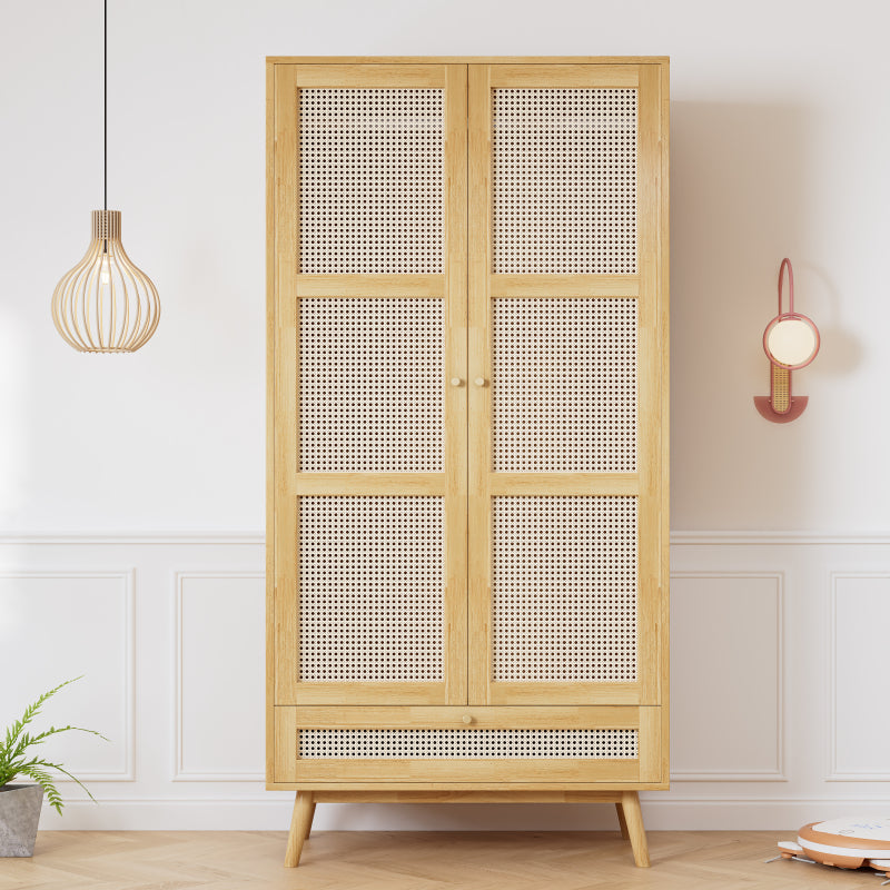 Kleiderschrank mit Stange, 2-türiger Kleiderschrank, Schlafzimmer, Rattannetz, Wohnzimmer, mit unterem Flip-Top-Deckel, Spanplatten+PE-Rattan, Natur