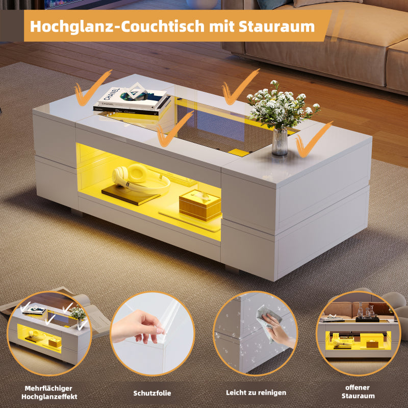 Weißer LED-Couchtisch mit Bluetooth-App-Steuerung, Kaffeetisch, Sofatisch, Wohnzimmertisch, geeignet für Party, Büro, Wohnzimmer