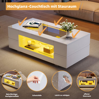 Weißer LED-Couchtisch mit Bluetooth-App-Steuerung, Kaffeetisch, Sofatisch, Wohnzimmertisch, geeignet für Party, Büro, Wohnzimmer
