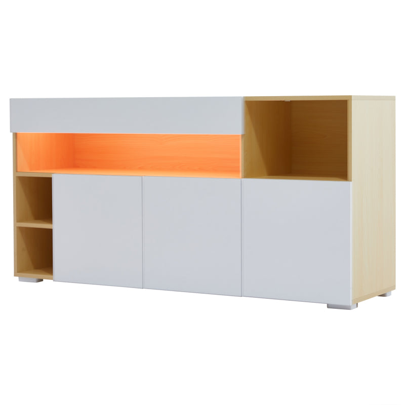 LED Sideboard Breite 140cm, Multifunktionales Sideboard,Kommode, Highboard , Luxuriöses Sideboard für Wohnzimmer, Eckschrank für Flur, Schrank für Schlafzimmer, Weiß und Eiche