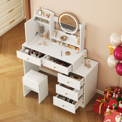 Schminktisch Weiß 90 cm mit LED Spiegel (dimmbar, 3 Farben), Frisiertisch mit 5 Schubladen & Schrank