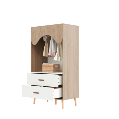 Kinderkleiderschrank, Kleiderschrank mit Kleiderstange, mit Schubladen, Vollholz Griffen, aus Spanplatte, weiß+natürliches Holz