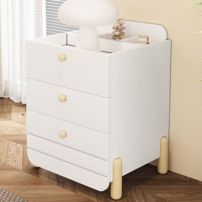 Nachttisch mit 3 Schubladen mit Einlegeböden, Geräuschloses Schubladendesign, Exquisite Holzfarbene Füße, Stauraum im Wohn- und Schlafzimmer, Einzigartige Form und Minimalistisches Design, Weiß