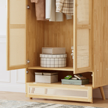 Kleiderschrank mit Stange, 2-türiger Kleiderschrank, Schlafzimmer, Rattannetz, Wohnzimmer, mit unterem Flip-Top-Deckel, Spanplatten+PE-Rattan, Natur