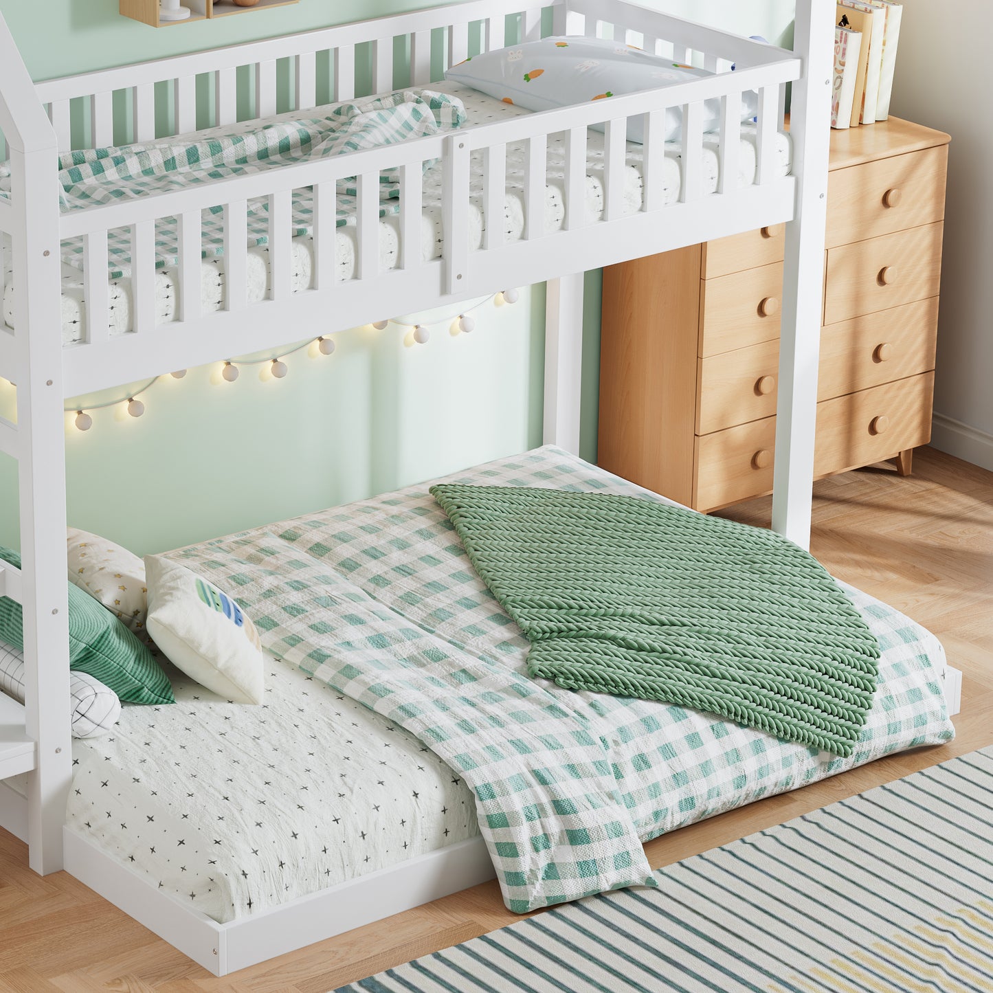 [29994142WAA]Etagenbett, Hausbett mit Treppe, Kinderbett mit Fallschutz und Gitter, Rahmen aus Kiefer, weiß (90x200&140*190cm)