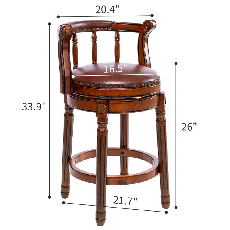 Barhocker aus Holz mit Kuhfell-Obermaterial, 360-Grad-Drehstuhl mit Rückenlehne, Brau + Sitzhöhe 75cm