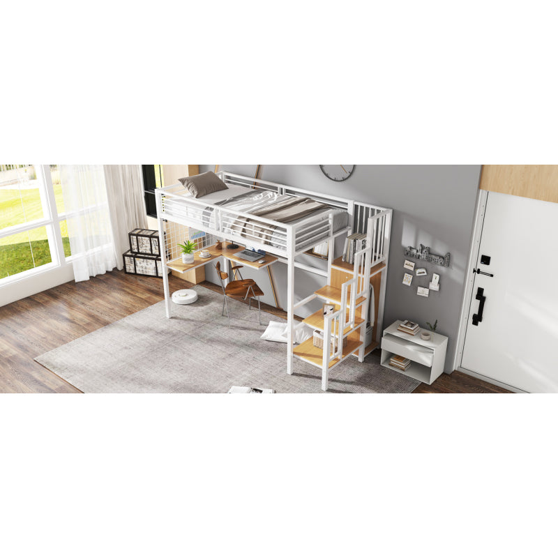 Eisenbett, Etagenbett, Hochbett, Geeignet für Kinder und Jugendliche, mit Tisch und Kleiderschrank, Seitenleiter mit Handlauf, Eisen+Spanplatte, Weiß+Natur, 90x200cm