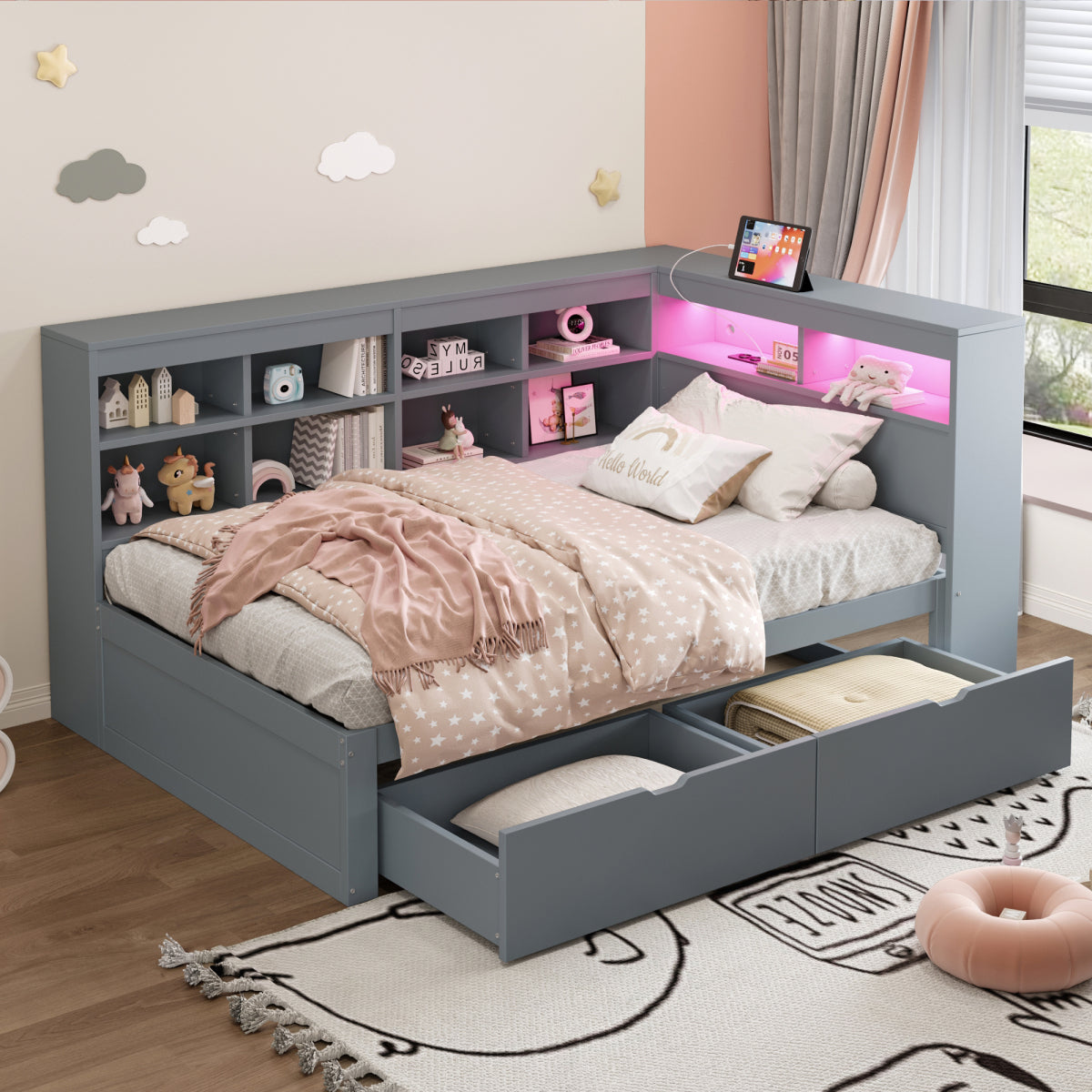 Massivholz-Einzelbett 90x200 Weiß mit LED & USB-Steckdose - Multifunktionales Schlafsofa mit Regalen, Ablagefächern & viel Stauraum, Grau