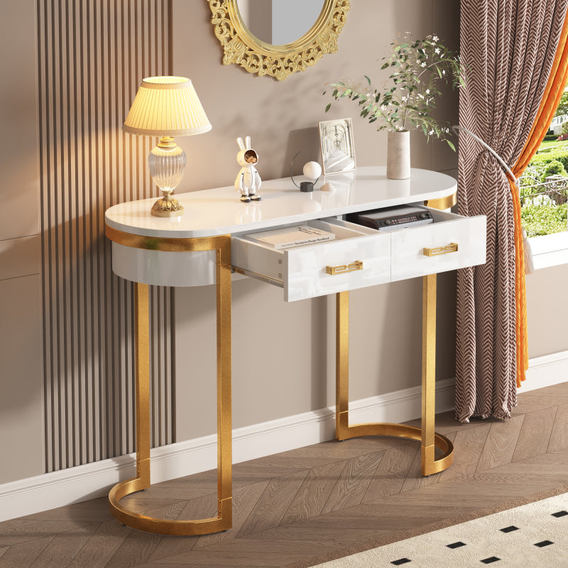 100 x 40 x 76 cm, Moderner und schlichter weißer Hochglanz-Sofa-Beistelltisch, Wohnzimmer-Konsolentisch,  Schreibtisch mit 2 Schubladen, geeignet für Wohnzimmer, Schlafzimmer, Büro, Flur