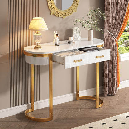 100 x 40 x 76 cm, Moderner und schlichter weißer Hochglanz-Sofa-Beistelltisch, Wohnzimmer-Konsolentisch,  Schreibtisch mit 2 Schubladen, geeignet für Wohnzimmer, Schlafzimmer, Büro, Flur