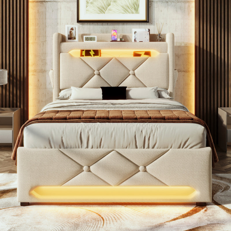 Polsterbett Einzelbett 90*200, Stauraum Kopfteil mit USB und Typ C-Port ,360-Surround-LED-Funktion rund um Kopf- und Fußende des, Betten mit Hydraulisch Stauraum, Beige , Leinen(Ohne Matratze)