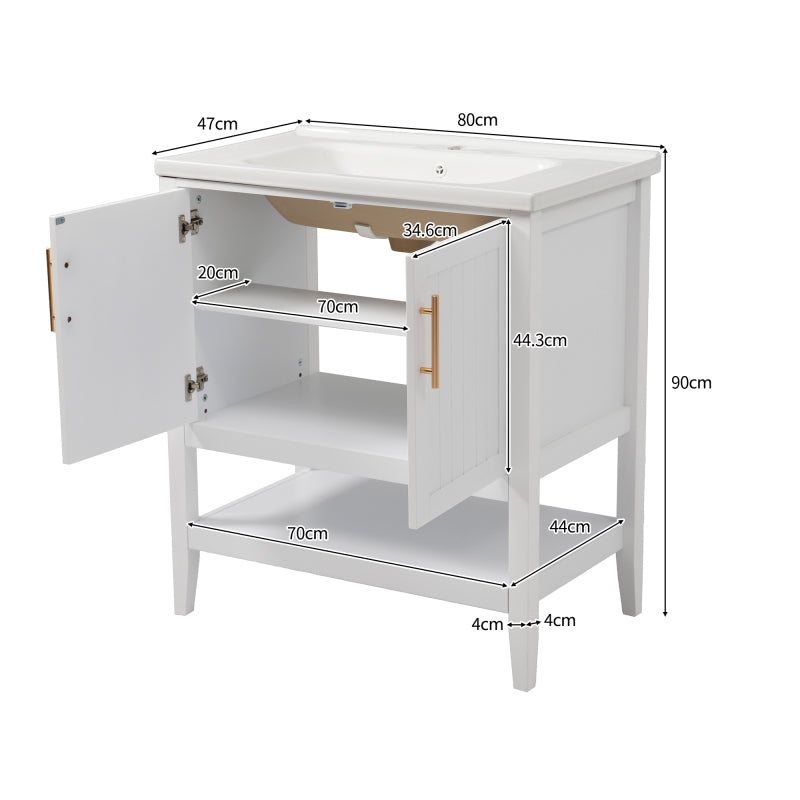 Badmöbel Einzel Waschtisch mit Unterschrank 80cm mit Keramik-Waschbecken,weiß