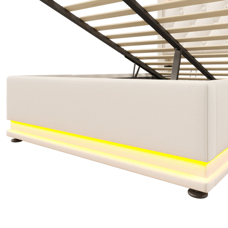 Polsterbett einzelbett, 360-Surround-LED-Funktion, Drucktaste/App/Fernbedienung, 90*200 cm, weiß PU-Material Hydraulisches Lagerbett, gepolstertes Kopfteil mit USB Typ-C Ladefunktion (Mit Matratze)