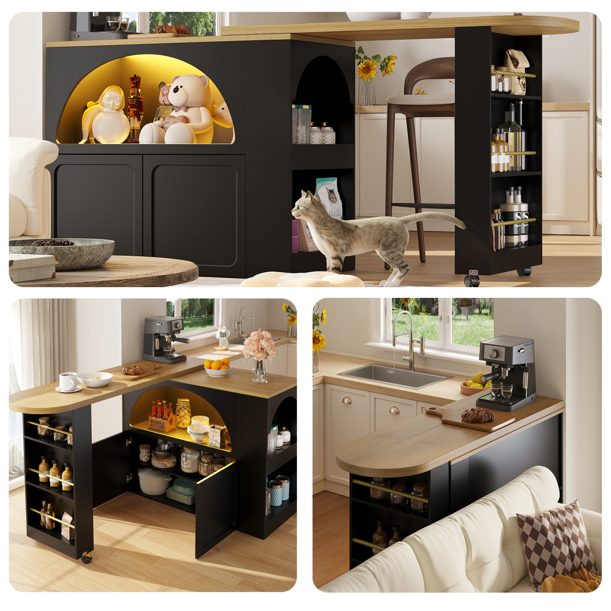 Ausziehbarer Bartisch 135-205cm mit LED & USB, Mobiler Hochtisch Schwarz, Teleskop-Kücheninsel mit Stauraum & Soft-Close, Modernes Bogendesign