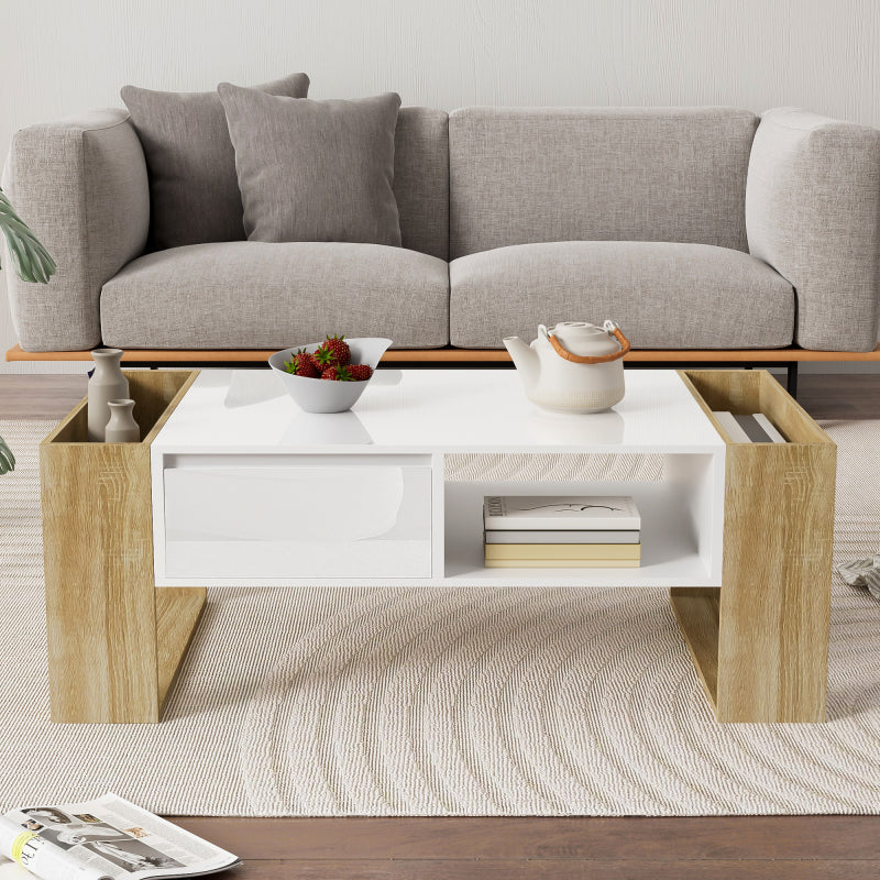 Moderner Couchtisch 105 x 60 x 40 cm - teilweise hochglanz, mit Schubladen und offenen Fächern