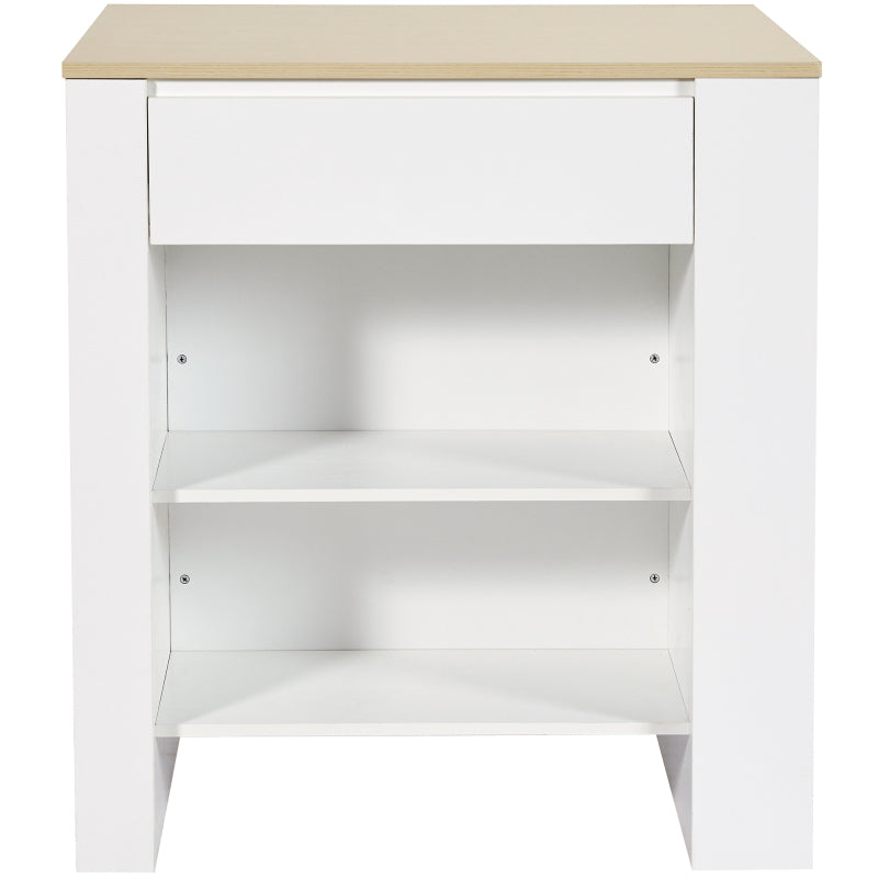 Ausziehbarer Bartisch mit Stauraum(110-124×78×97.5cm), für 2-6 Personen, Kücheninseln mit 2 Schubladen, 2 seitliche offene Regale und eingebaute Steckdose,Tischplatte aus weiß marmoriertem MDF,Weiß
