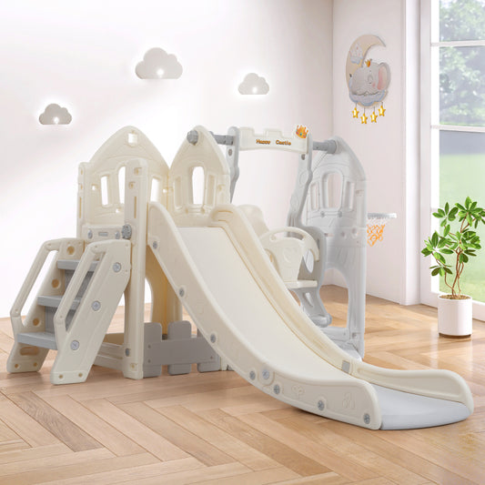 Kinderrutschen-Set mit Schaukel,5 in 1 Kinderrutsche, Rutsche, Klettern, Stauraum, Schaukel, Basketballrahmen ,Schaukel Rutsche für Indoor