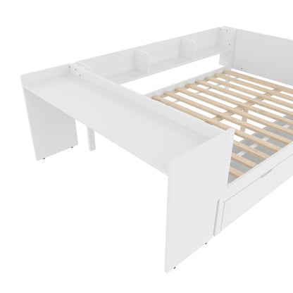 Flachbett, Holzbett, 140x200cm, mit Schreibtisch, ausgestattet mit 2 Schubladen, Doppelbett(Ohne Matratze), mit Regalen, Kiefer + Spanplatte, weiß