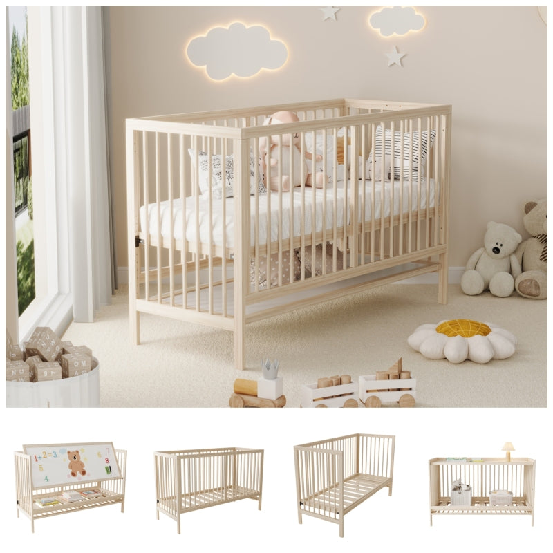 Holz Babybett, umwandelbar in Nebenbett / Malerbrettständer / Schreibtisch, höhenverstellbar, ohne Matratze, aus Fichte, naturfarben, 140x60x90cm