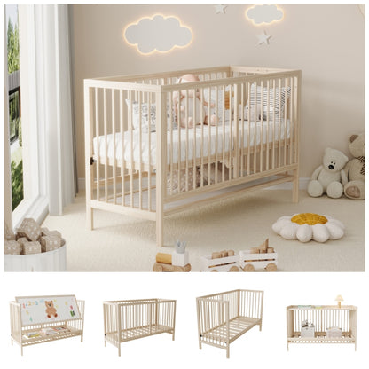 Holz Babybett, umwandelbar in Nebenbett / Malerbrettständer / Schreibtisch, höhenverstellbar, ohne Matratze, aus Fichte, naturfarben, 140x60x90cm