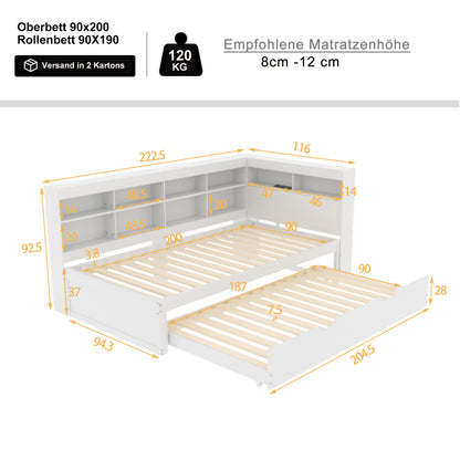 Multifunktions-Schlafsofa 90x200 & 90x190 Ausziehbar - Massivholz Weiß mit USB-Anschluss, Stauraum & Ablagefächern - Praktisches Einzelbett, Weiß