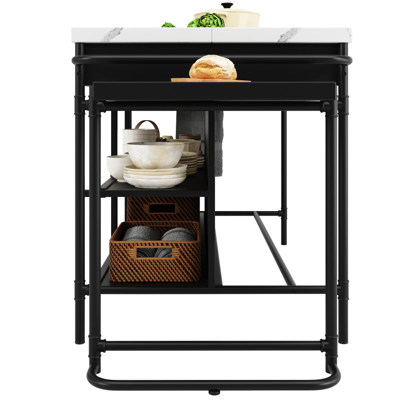 Kücheninseln, Ausziehbare Kunstmarmorplatte Industrial mit 3-Schubladen, Multifunktionales Küchen- und Esszimmer-Möbel, Kücheninsel Küchenregal Küchewagen Sideboard, MDF Arbeitsplatte Küche Regal