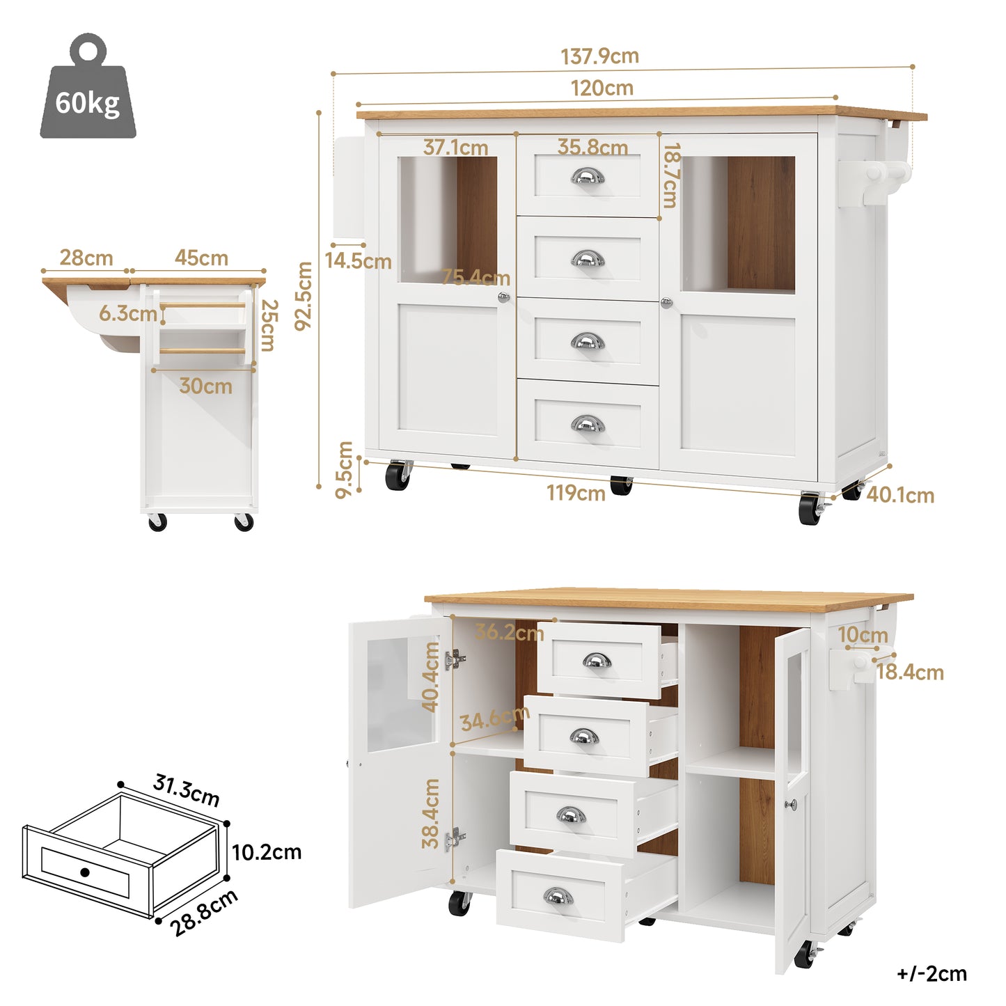 Kücheninsel,Küchenschrank,Buffetschrank,120x73(45)x93cm,ausziehbarer Küchenwagen mit Rollen, Handtuchhalter, Gewürzregal, verstellbaren Einlegeböden, zwei Türen, vier Schubladen, weiß
