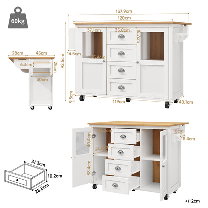Kücheninsel,Küchenschrank,Buffetschrank,120x73(45)x93cm,ausziehbarer Küchenwagen mit Rollen, Handtuchhalter, Gewürzregal, verstellbaren Einlegeböden, zwei Türen, vier Schubladen, weiß