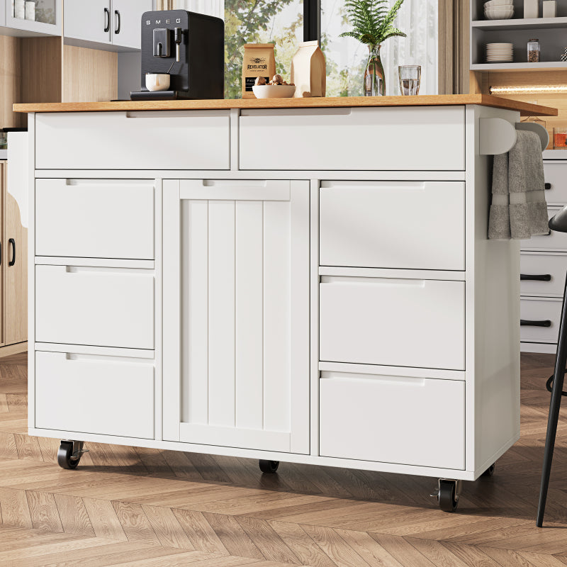 Moderne Kücheninsel, Küchenschrank, Ausziehbarer Küchenwagen mit Rollen und Arbeitsplatte, Servierwagen mit Gewürzregal und 8 Schubladen, weiß