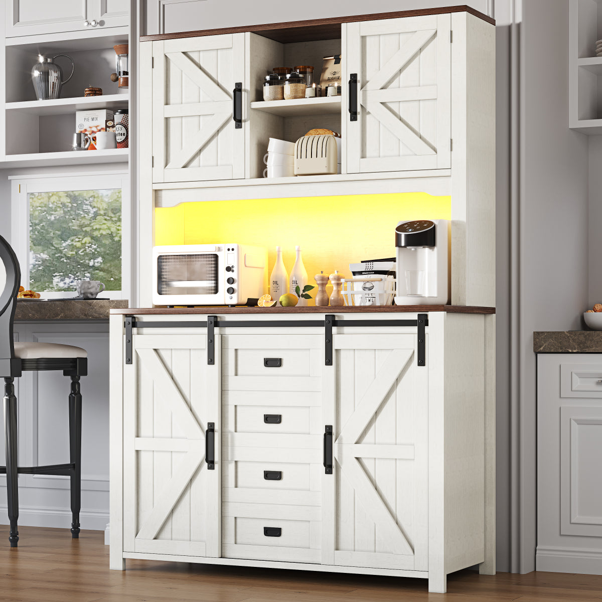 Küchenschrank 115x40x175cm hohes Sideboard Weiß mit App-LED-Beleuchtung, X-Design Schiebetüren, 2 Schubladen & Magnetklappen, Küchenbuffet