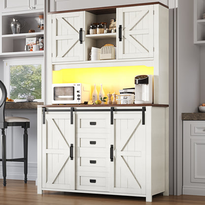 Küchenschrank 115x40x175cm hohes Sideboard Weiß mit App-LED-Beleuchtung, X-Design Schiebetüren, 2 Schubladen & Magnetklappen, Küchenbuffet