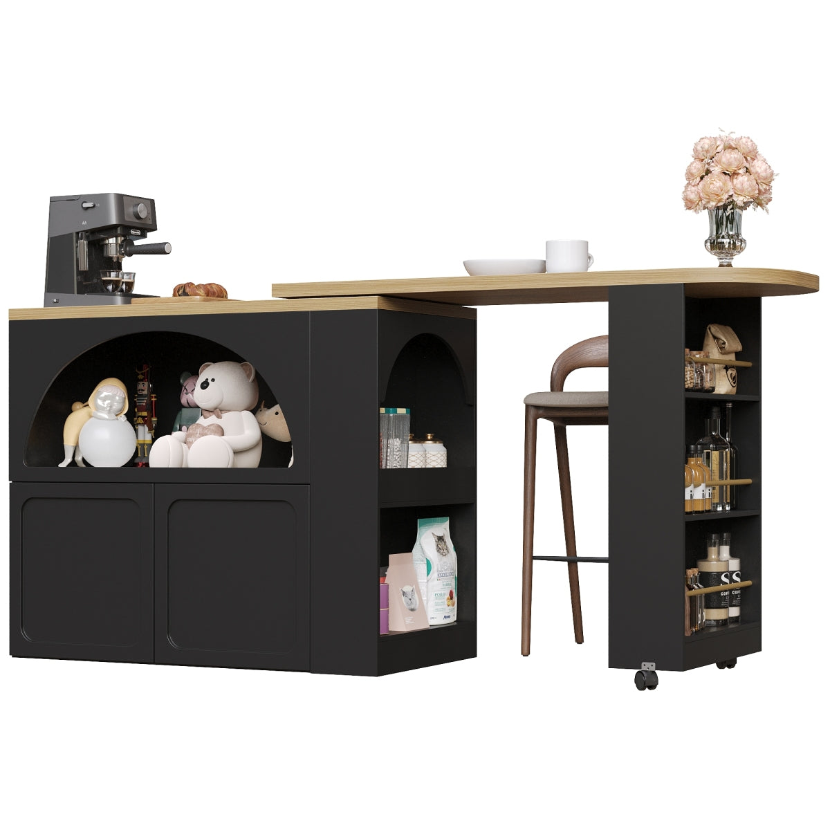 Ausziehbarer Bartisch 135-205cm mit LED & USB, Mobiler Hochtisch Schwarz, Teleskop-Kücheninsel mit Stauraum & Soft-Close, Modernes Bogendesign