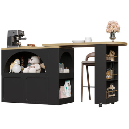 Ausziehbarer Bartisch 135-205cm mit LED & USB, Mobiler Hochtisch Schwarz, Teleskop-Kücheninsel mit Stauraum & Soft-Close, Modernes Bogendesign