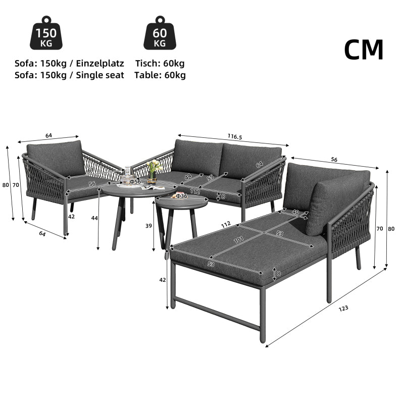 Garten Lounge Set, Seil Gartenmöbel Set, Modernes Outdoor Sofa Set Handgewebtes Seil, Inklusive Aller Sitz- Und Rückenkissen, Balkonset, Garten Und Terrasse, Grau