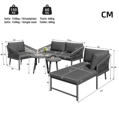 Garten Lounge Set, Seil Gartenmöbel Set, Modernes Outdoor Sofa Set Handgewebtes Seil, Inklusive Aller Sitz- Und Rückenkissen, Balkonset, Garten Und Terrasse, Grau