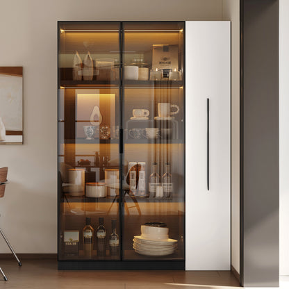 Multifunktionsschrank 110,5x35x160 cm, Schwarz-Weiß: Moderne Vitrine mit Glastür, LED, Seitenauszug, Rollschrank, ideal für Bücher, Bad, Esszimmer.